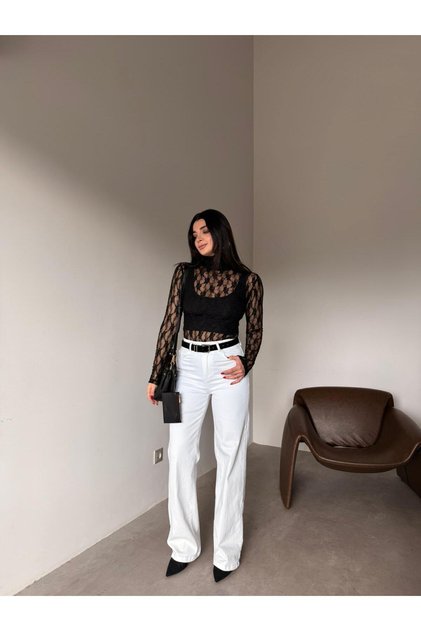 White black belted straight jeans