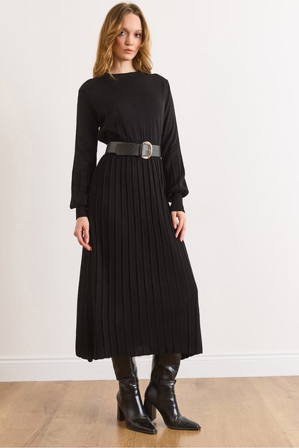 Women's Black Sleeve Detailed Skirt Pleated Maxi Knitwear Dress Elb-19002581