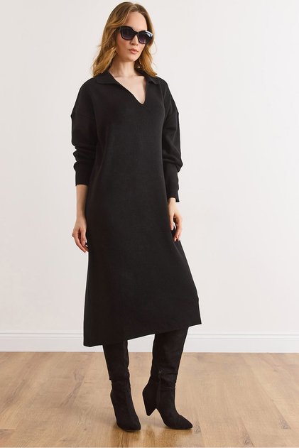 Women's Black Polo Neck Midi Knit Dress Elb-19002582