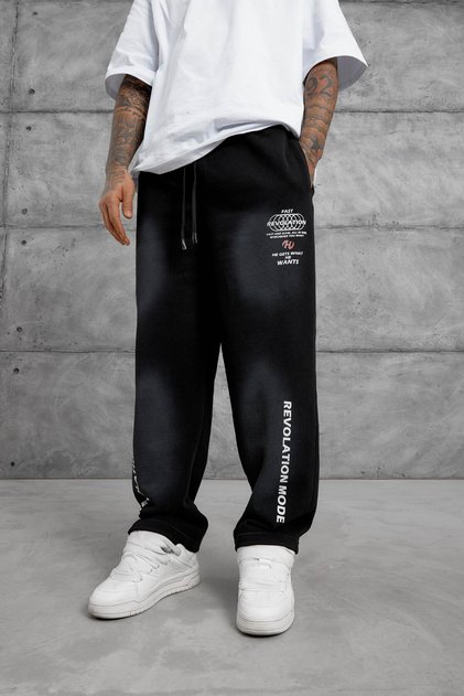 Men's Sweatpants Baski Alti Black Oversize Printed Baggy Loose Fit 3 Yarns Without Drawstrings
