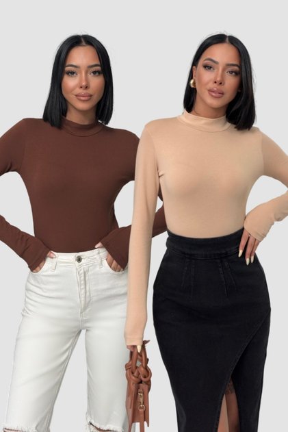 Women's 2-Piece Long Sleeve Bodysuit Bitter Brown, Beige Half Turtleneck Bodysuit Cotton Bodysuit 2Pcs