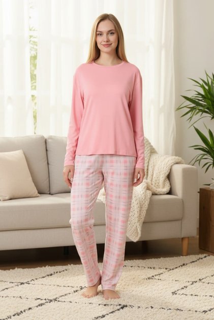 Women's Pink Crew Neck Plaid Pajama Set