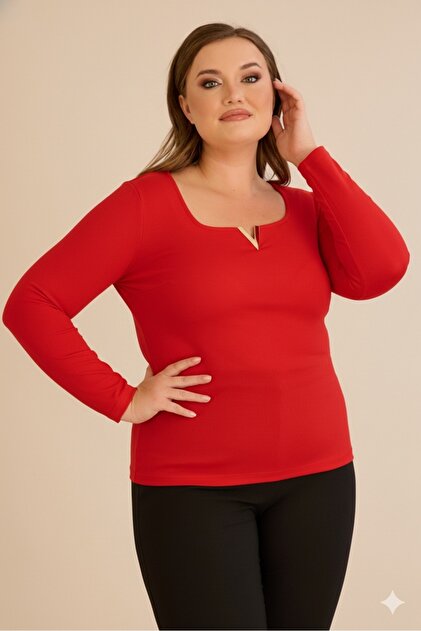 Women's Plus Size Square V Hollow Neck Metal Accessory Long Sleeve Stretchy Crepe Blouse