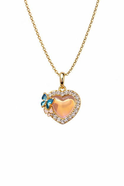 Women's - Gold Color Stone Necklace - Heart Shaped Zircon Surrounded by Butterfly Detail - Non-Tarnish Stainless Steel