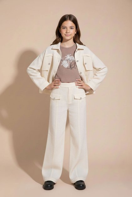 Cream Button-Detail Linen Shirt and Pants Girls' 3-Piece Set 23495