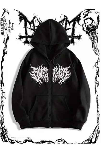 Touz Moda Gothic Baskılı Oversize Fermuarlı Siyah Unisex Kapüşonlu