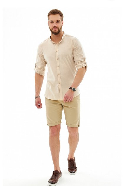 Slim Fit Linen Notched Collar Men's Shirt with Folded Sleeves