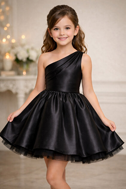 black puffy skirt dress İkrabutikbursa Girl's Satin One-Shoulder – Tulle Graduation Evening Gown Dressed up or down
