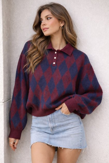 Women's Polo Neck Argyle Sweater