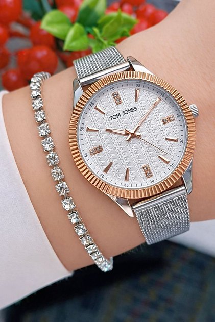 Rose Bicolor Wicker Steel Cord Inside Patterned Women's Wrist Watch+Bracelet Gift