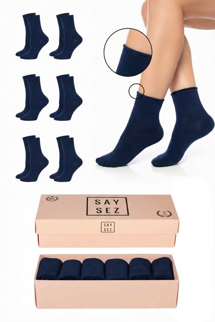 Bamboo Women's Elasticless Navy Blue Socket Stitch-Free Premium Socks Boxed Set of 6 / Does Not Leave Marks / Squeezes Not Tight Socks