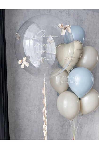 Blue Beige Heart and Bow Transparent Bobo Balloon Balloon Bundle Set 12 Pieces