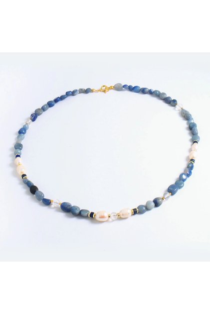 Sandy Aquamarine, Lapis Lazuli, Pearl and Crystal Quartz Stone Pendant