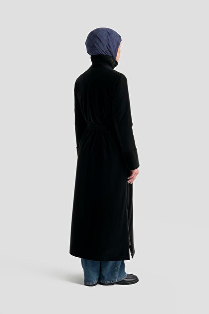 Armine TREND Gizli Fermuarlı Belden Kuşaklı Dik Yaka Giy Çık Siyah