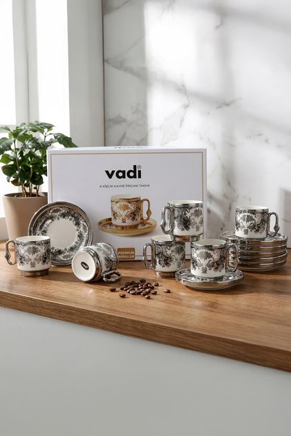 Silver Detailed Patterned Porcelain Coffee Cup Set for 6 People