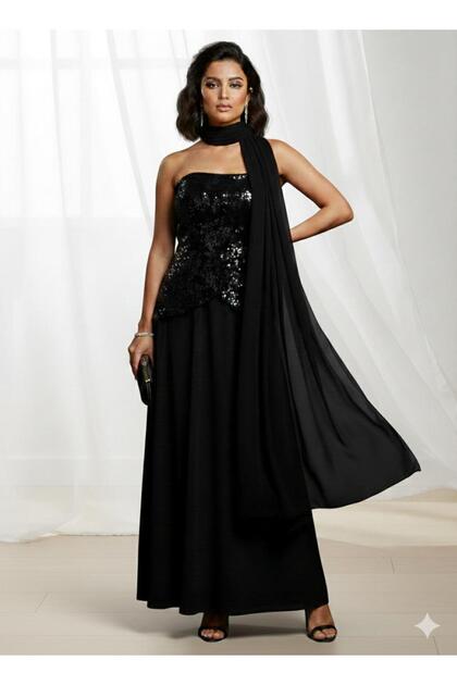 Black chiffon dress over sequined velvet