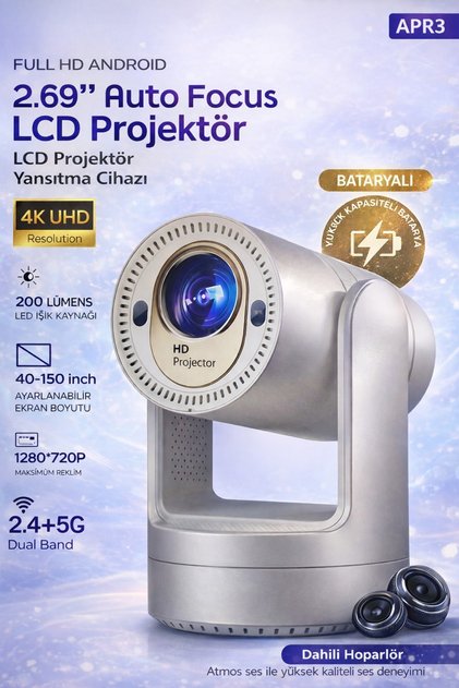 Şarjlı Android Auto Focus Projeksiyon|4K Destekli 720P|Dahili Hoparlör|WiFi 2.4G/5G|Taşınabilir LCD