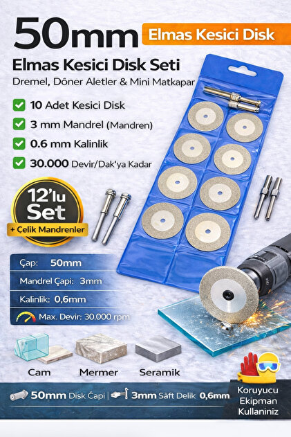 50 mm Elmas Kesici Disk Seti Matkap & Dremel Uyumlu | Cam Seramik Mermer Metal Kesme | 10’lu Set