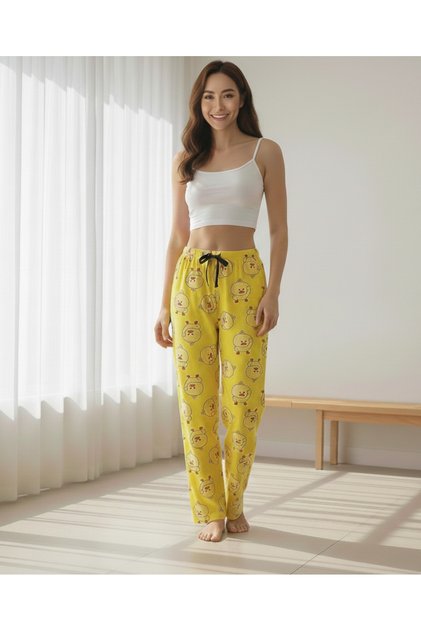 Kadın Sarı Ördek Desenli Pijama Altı Rahat Kalıp Yumuşak Kumaş Ev Giyimi