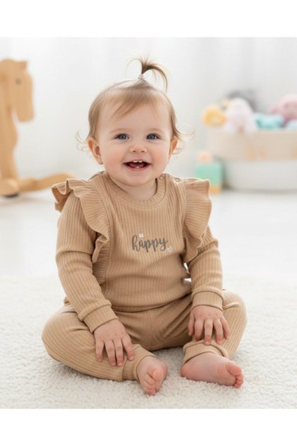 Kız Bebek Happt Baskılı, Fitilli Kumaş, Mevsimlik 6-9-12-18-24 Ay Günlük 2'li Alt Üst Takım