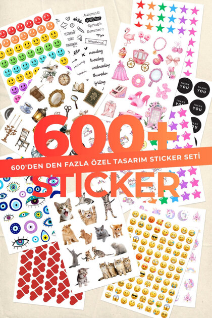 640 adet (16 Sayfa) Sticker Seti, Vintage, Günlük, Emoji, Yıldız, Notebook, Kalp, Ajanda