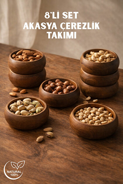 Nandy Home Doğal Akasya Ahşap Çerezlik 8'li Set – Kahvaltı & Çerez