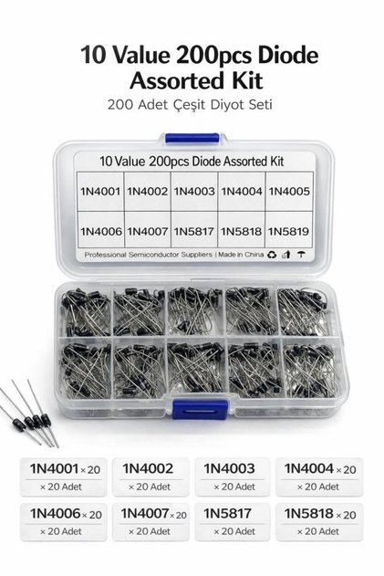 10 ÇEŞİT 200 ADET 1N4001-4002-4003-4004-4005-4006-4007-5817-4818-5819 DİYOT SET (X146)