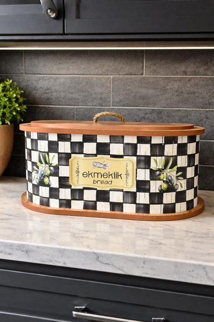 Ekmeklik Ahşap Ekmek Sepeti Kapaklı Dama Desenli Luxury