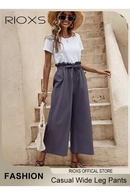 Wide Leg Ruffle Pants For Women Girls Casual Loose High Waist Tie-Knot Trousers With Pockets Woman's