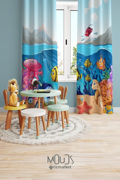 Sea Animals Patterned Background Curtain Children's and Baby's Room Suede Printed Extrafor Drawstring 2 Wings PRD-71