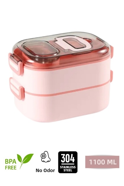 Adding Colour Two-Tiered - with Sauce Bowl - Stainless Steel Easy-Lock Container - 1100 ml