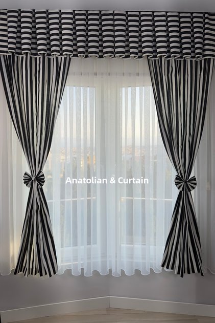 Kitchen Curtain Dense Pleated 1/3 Black and White Striped Colored Rustic Short Background Curtain Stain Resistant