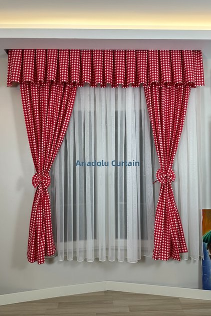 Kitchen Curtain Dense Pleated 1/3 Red Gingham Colored Cornice Short Background Curtain Modern