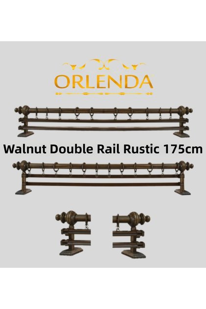 Walnut Wooden Head Aluminum Pipe Rustic Curtain Hanger Double Rail 175 Cm