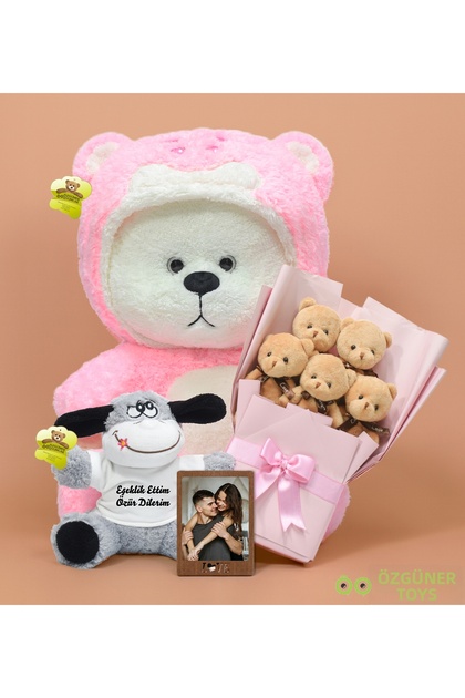 Peaceful Gift for a Loved One – 90 cm Bear + Sorry I Was Being a Donkey + 5-Piece Bouquet + Frame