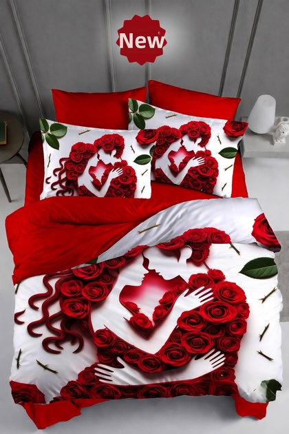Valentine's Day Cotton Satin Double Duvet Cover Set with Elastic Sheets Love Wrap