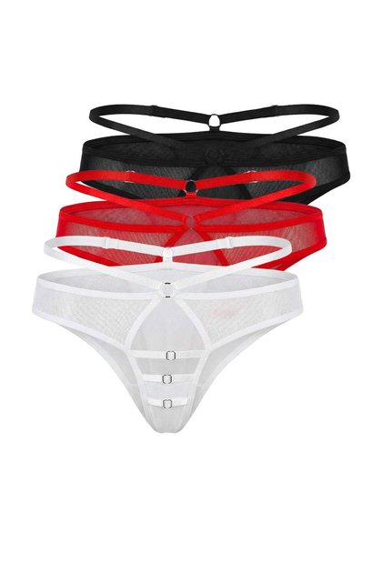 Siyah-Beyaz-Kırmızı 3'lü Tül Aksesuar Detaylı String Külot THMSS26KU00013