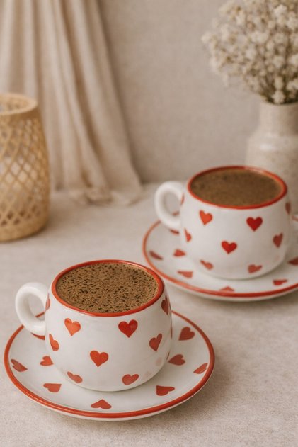 Handmade Ceramic Turkish Coffee Cup Set of 2 with Heart Detail, Stylish and Elegant Special Design Set