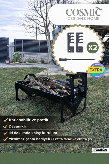 Katlanabilir Pratik Mangal Çantalı- Ekstra Izgara Rafı ve Şiş Hediyeli Pratik Kamp Mangalı
