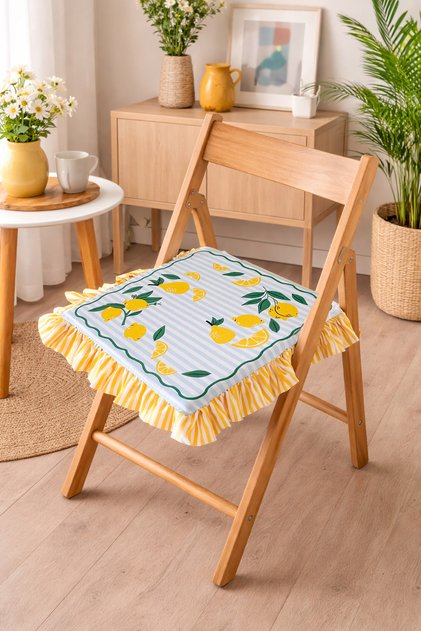 Limon Desenli Çizgili Fırfırlı Marin, Vintage, Country, Iskandinav, Bohem 40x40 Sandalye Minderi