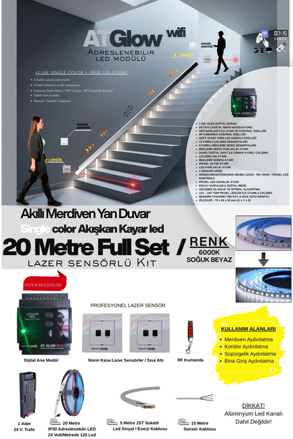 AT-GLOW Lazer Sensör Merdiven Duvar Akışkan Şerit Led Seti / Akıllı Kayar Led Sistemi/ 6000K/ 20 Mt.
