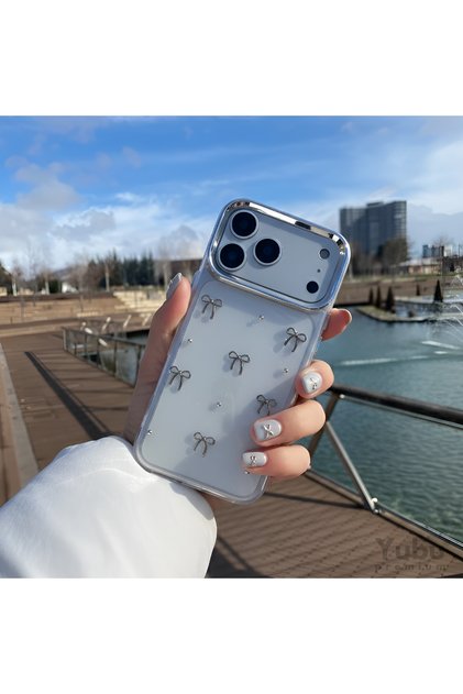 Apple iPhone 17 Pro Max Fiyonk Desenli Şeffaf Simli Kamera Korumalı Parlak Telefon Kılıfı