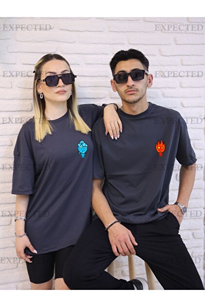 Tricou unisex supradimensionat cu imprimeu Foc și Apă pentru cupluri de îndrăgostiți și prieteni - 2 bucăți