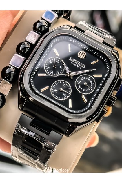 Square, Black Color, Special Lock System, Steel Band, Functional Men's Wristwatch Bracelet, Prayer Beads