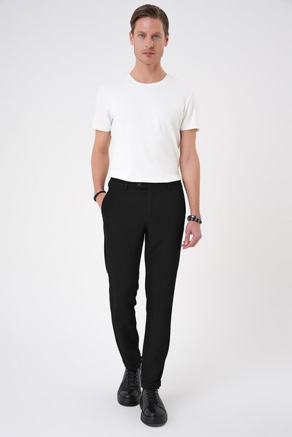 Slim Fit Stretch Cotton Seersucker Fabric Nero Black Trousers P 1166