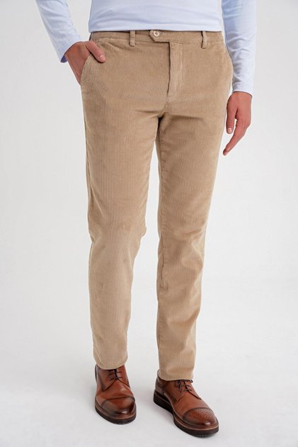 Slim Fit Pilesiz Esnek Pamuk Bej Fitilli Kadife Pantolon P 1199