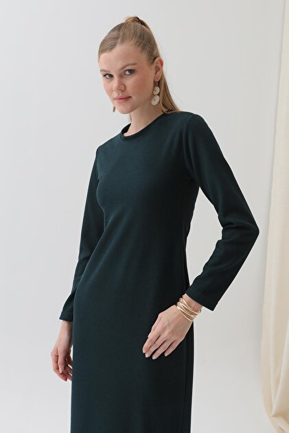 Puane Women's Basic Long Sleeve Knitwear Maxi Dress-12591Elb - Castleton  Green- Trendyol