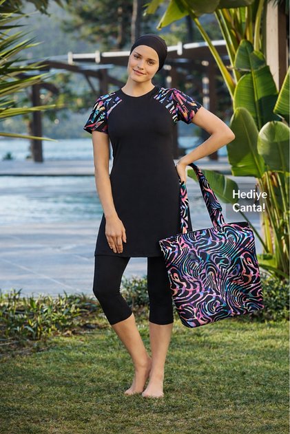 0446 Battal Black Lycra Semi Covered Pool Swimsuit