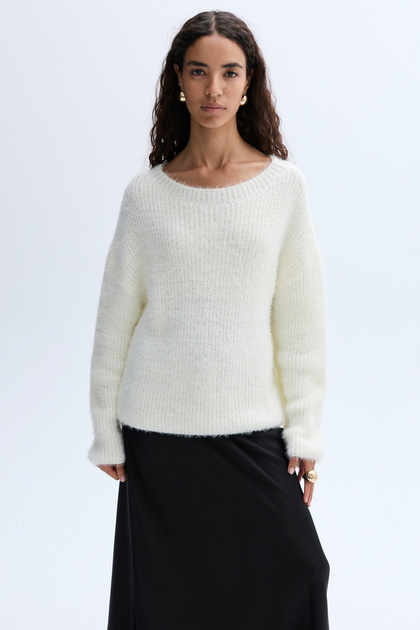 Women's Ecru Loose Fit Crew Neck Soft Textured Knitwear Sweater