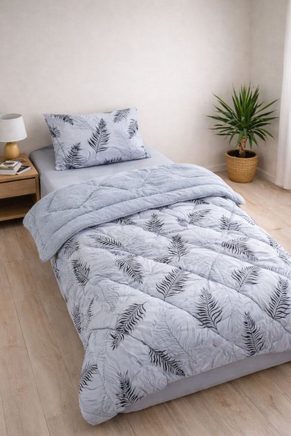 Tek Kişilik Gri Tüy Desenli Pufidik Wellsoft Uyku seti & Yorgan + 2 Adet Yastık kılıfı + Lastikli Çarşaf